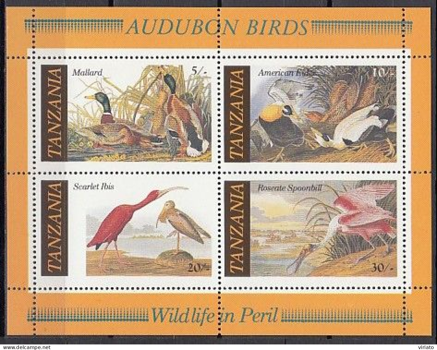 Tanzania 1986 (MNH) (Mi BL55) - Mallard, Common Eider, Scarlet Ibis, Roseate Spoonbill - Collections, Lots & Séries