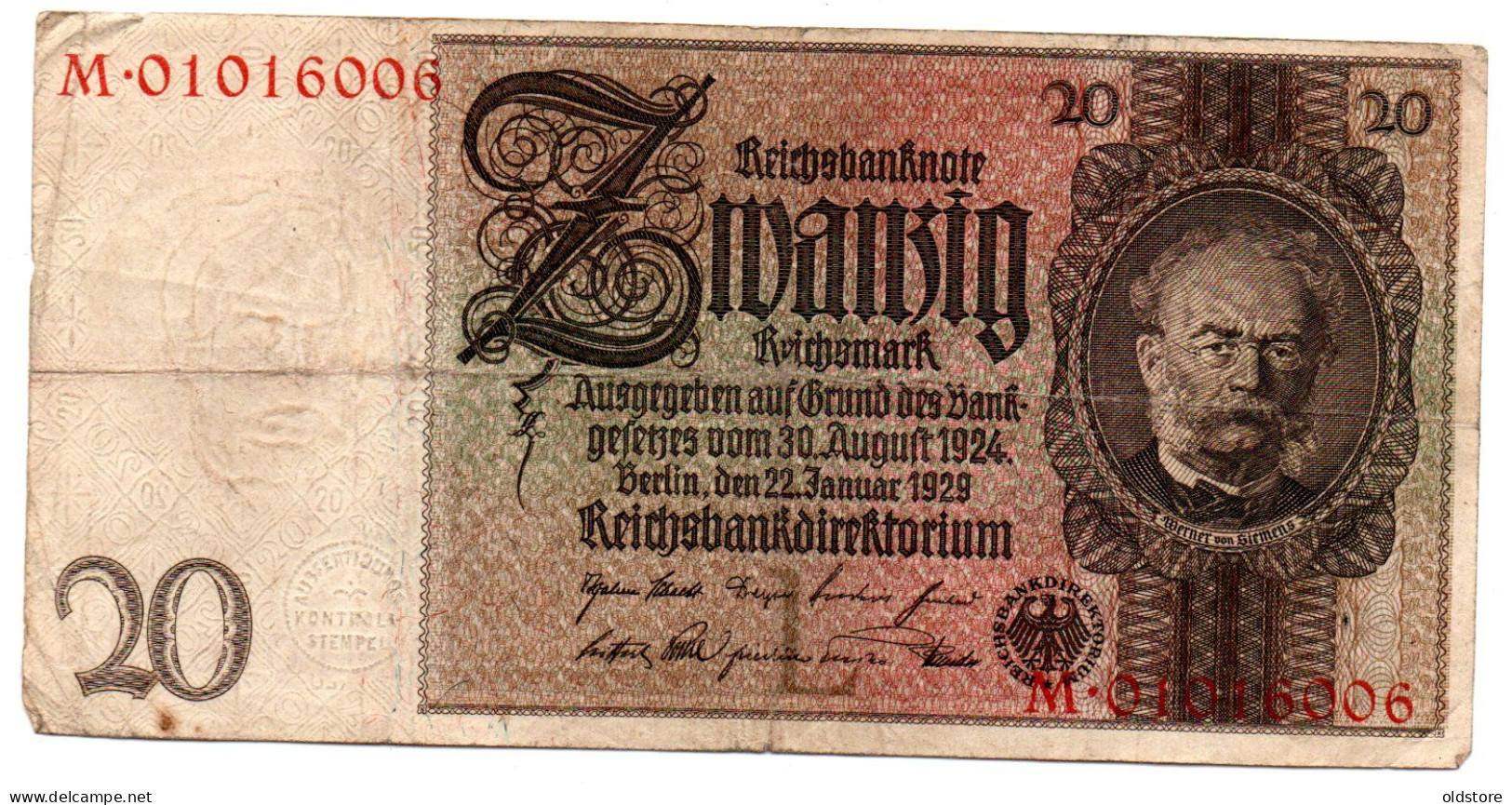 Germany - German Empire  - Banknotes - 20 Reichsmark - Fancy Serial Number ( 0101 6006 ) - Berlin 1929 - Third Reich Ww2 - 20 Reichsmark