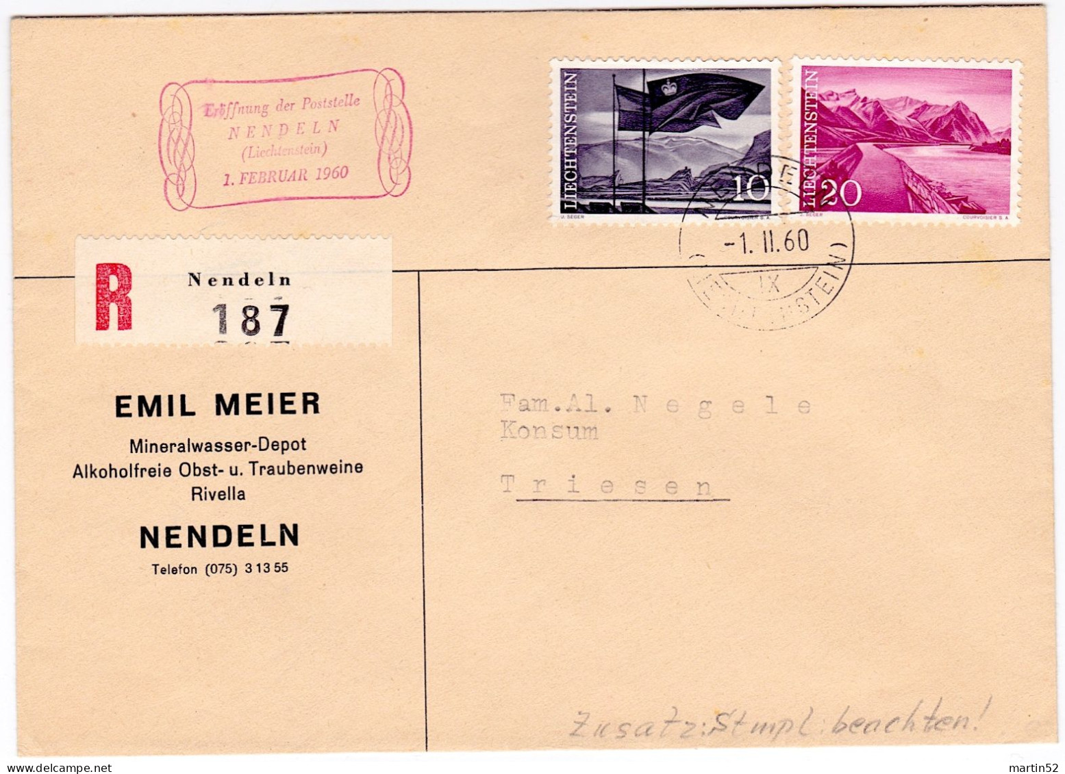 Liechtenstein 1960: Zu 326+327 Mi 381+382 Yv ? Auf R-Brief Mit Rotem Beistempel Eröffnung Der Poststelle NENDELN 1.II.60 - Lettres & Documents