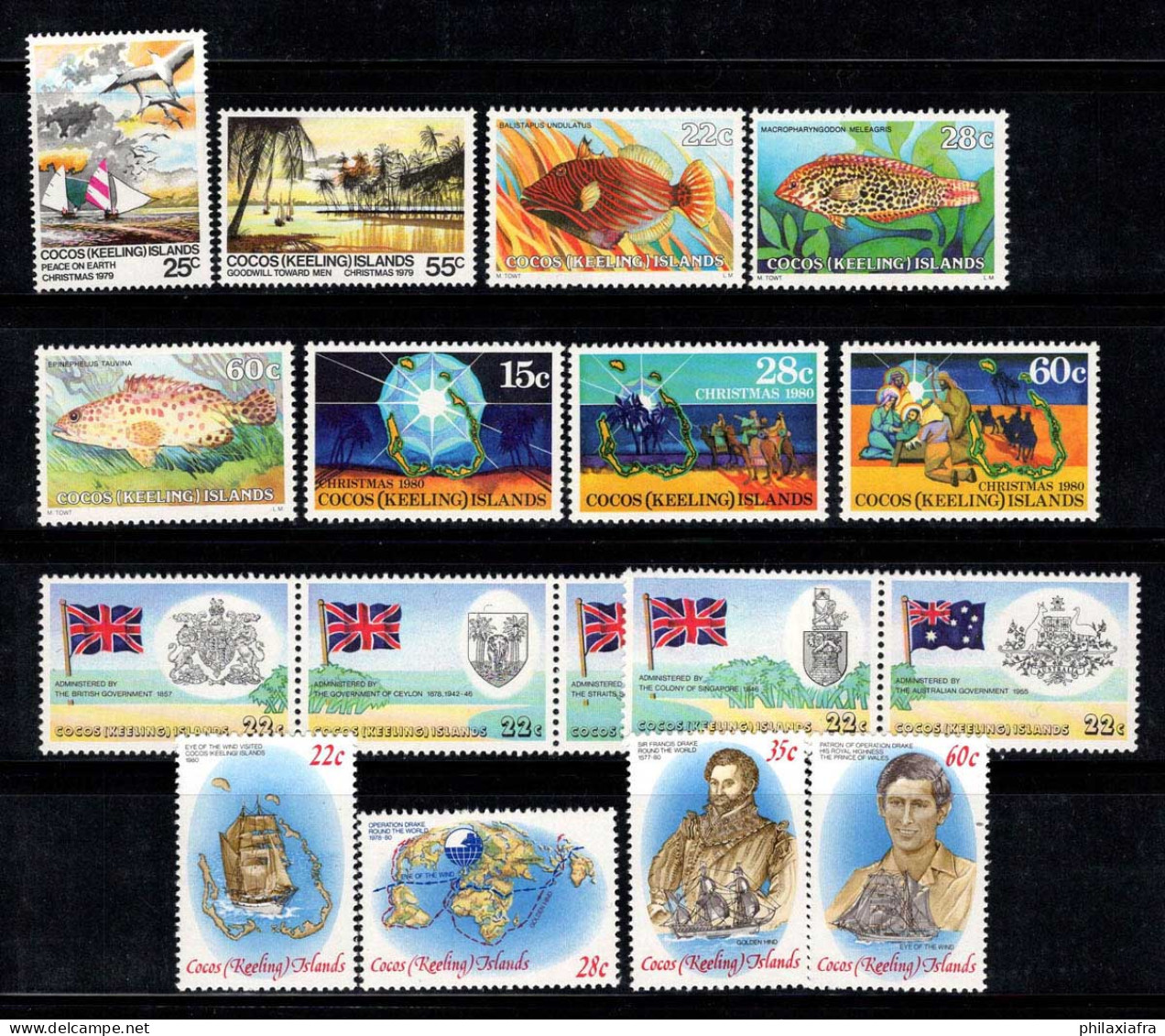 CocosIslands 1979-1980 Mi. 48-64 Neuf ** 100% Noël, Poisson, Drapeau, Célébrité - Cocos (Keeling) Islands
