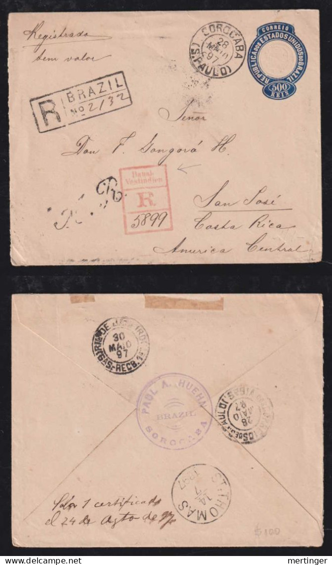 Dänemark Denmark West India Registered Stationery BRAZIL SOROCABA Via ST THOMAS To SAN JOSE Costa Rica - Danemark (Antilles)