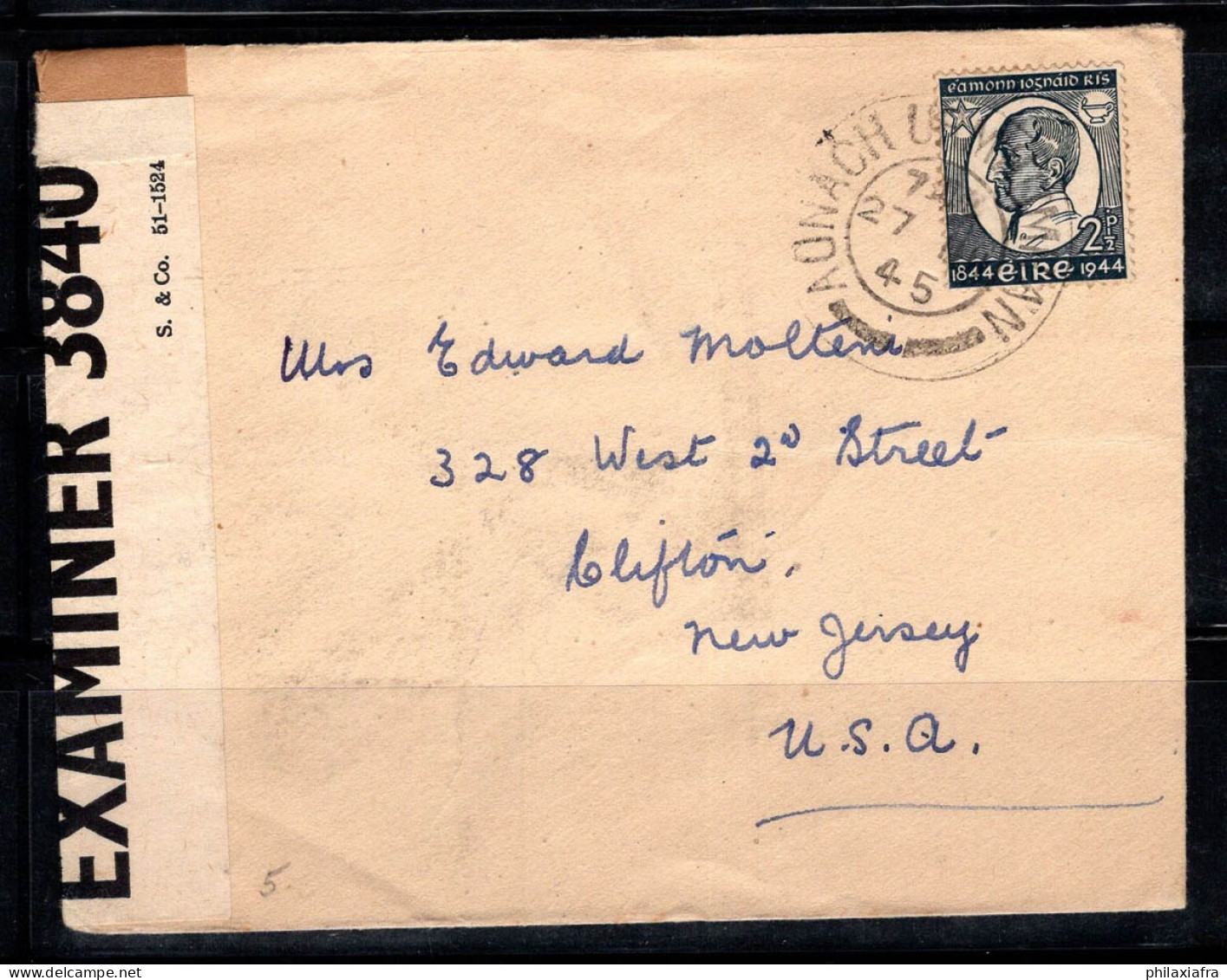 Irlande 1945 Enveloppe 100% Censure 2 1/2 Pg, Aonach, E.I. Riz - Usati