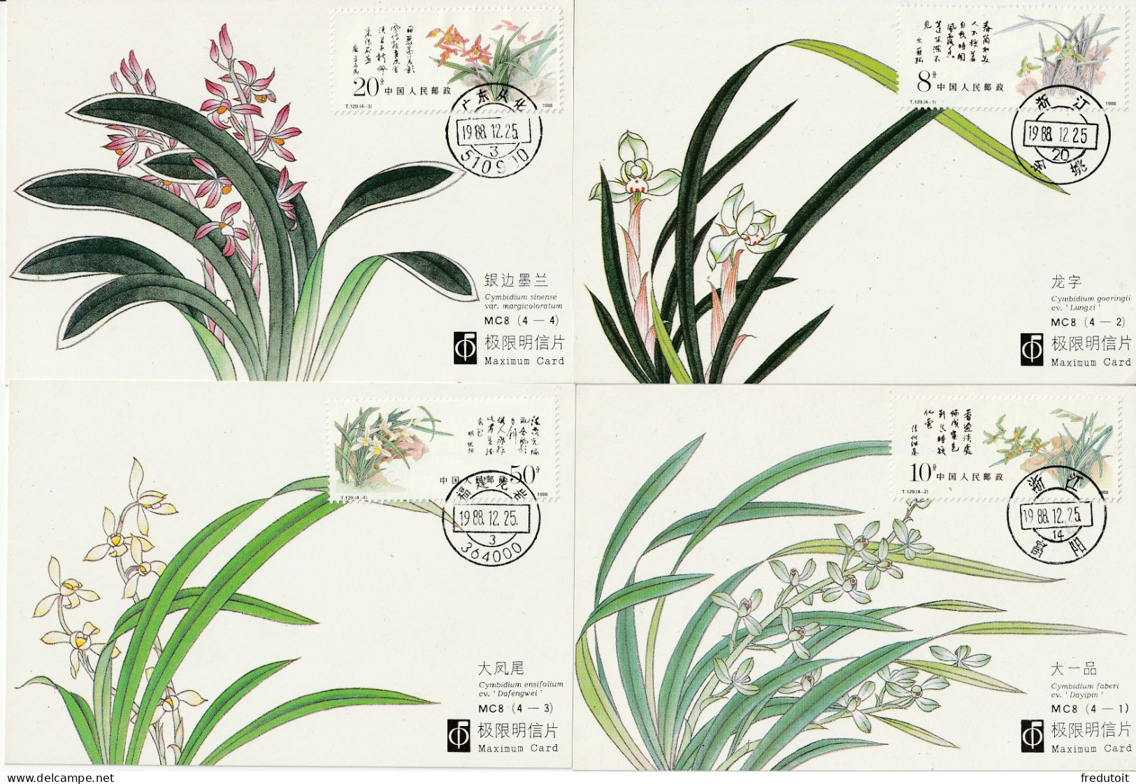 CHINE - 4 Cartes Maximum - ORCHIDEES (1988) - Cartes-maximum