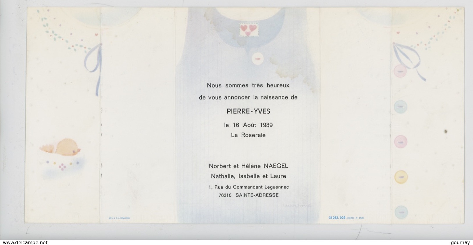 Faire-part De Naissance : Pierre-Yves 1989 De Norbert & Hélène, Hathalie Isabelle Laure (boutons Dentelle Bébé Ruban Ble - Birth & Baptism