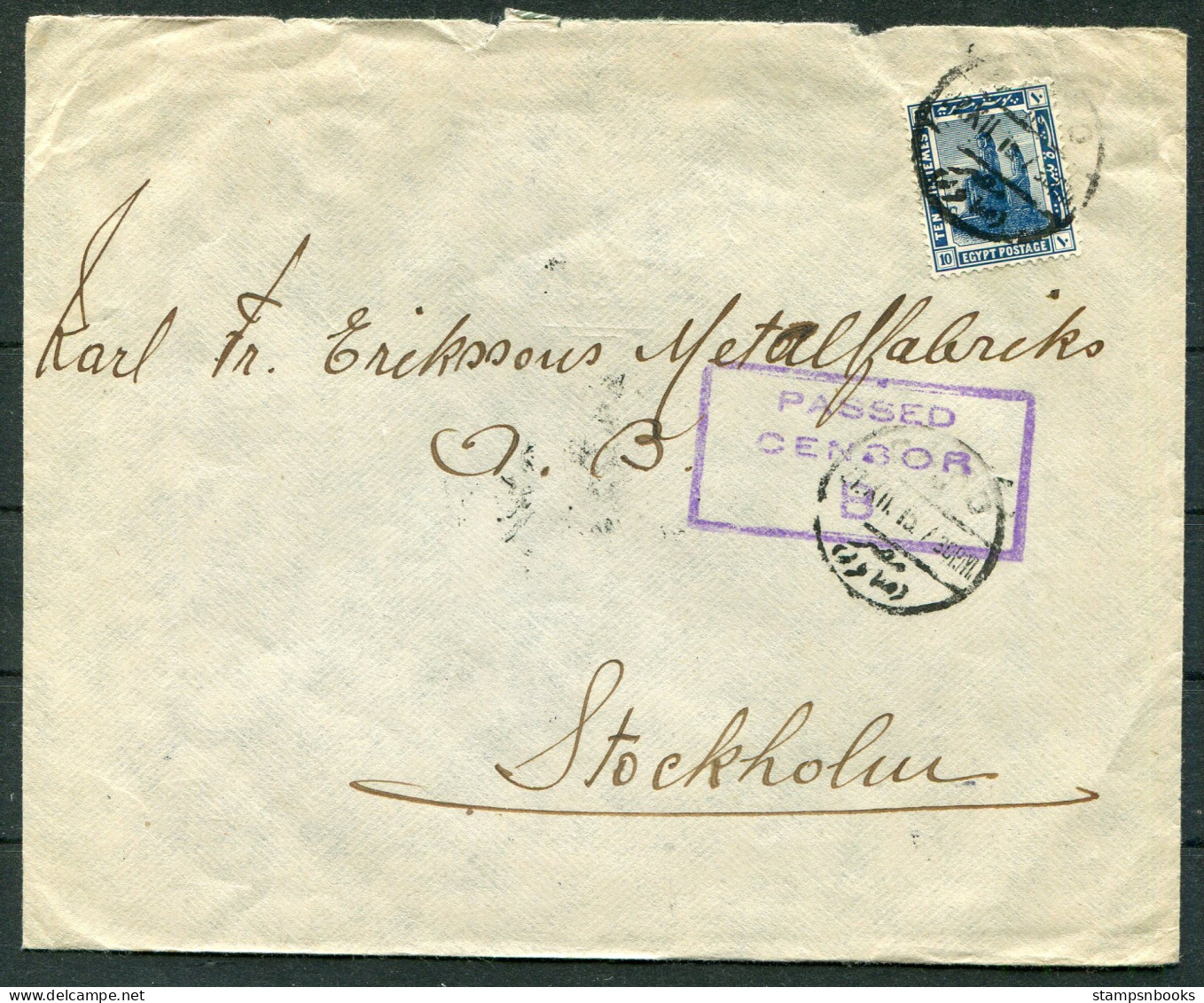 1915 Egypt Banco Di Roma Censor Cover - Stockholm Sweden  - 1915-1921 Britischer Schutzstaat