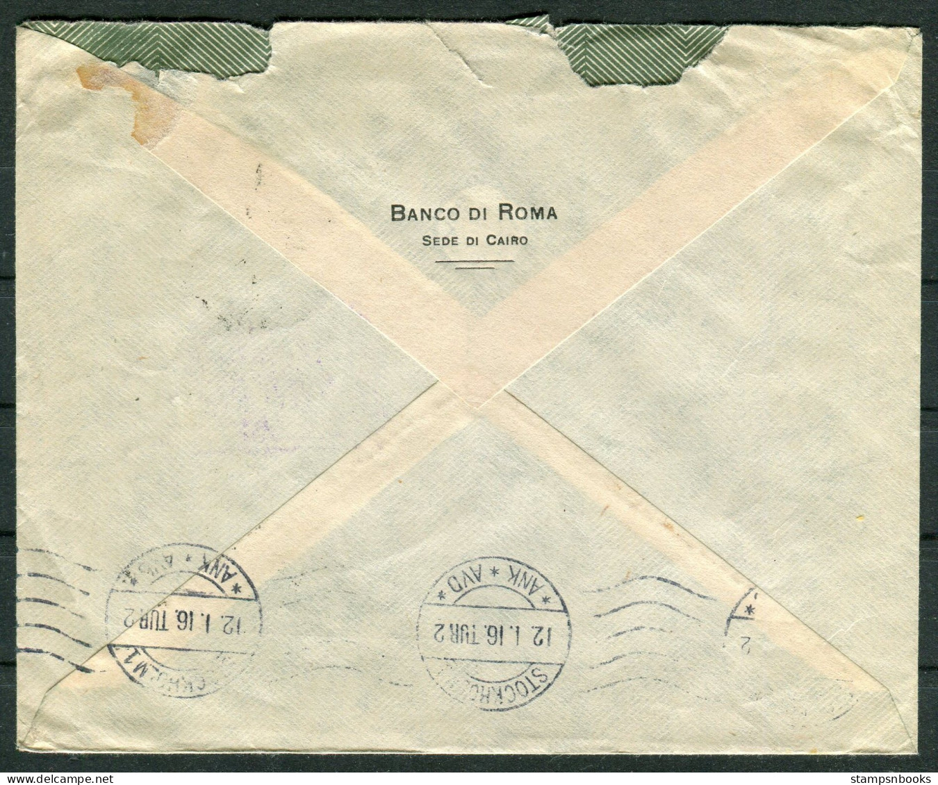 1915 Egypt Banco Di Roma Censor Cover - Stockholm Sweden  - 1915-1921 Protettorato Britannico