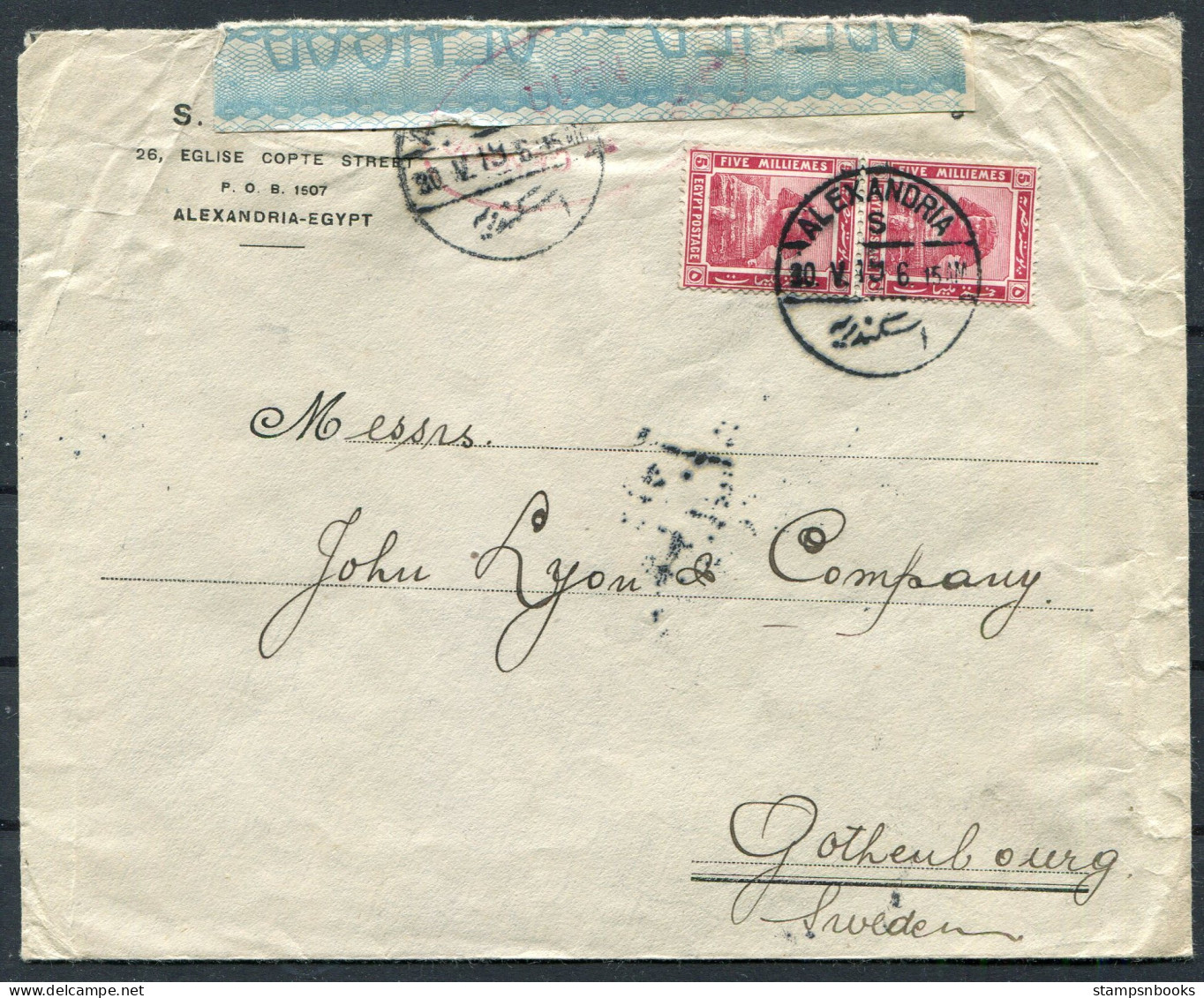 1915 Egypt Alexandria Censor Cover - John Lyon & Co. Goteborg Sweden  - 1915-1921 Britischer Schutzstaat