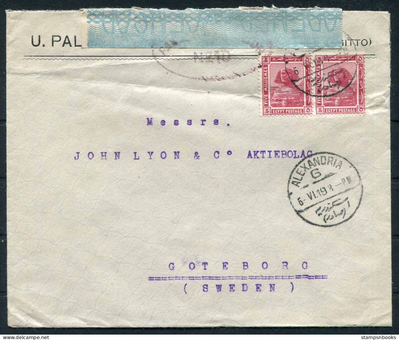 1919 Egypt Alexandria Censor Cover - John Lyon & Co. Goteborg Sweden  - 1915-1921 Protectorat Britannique