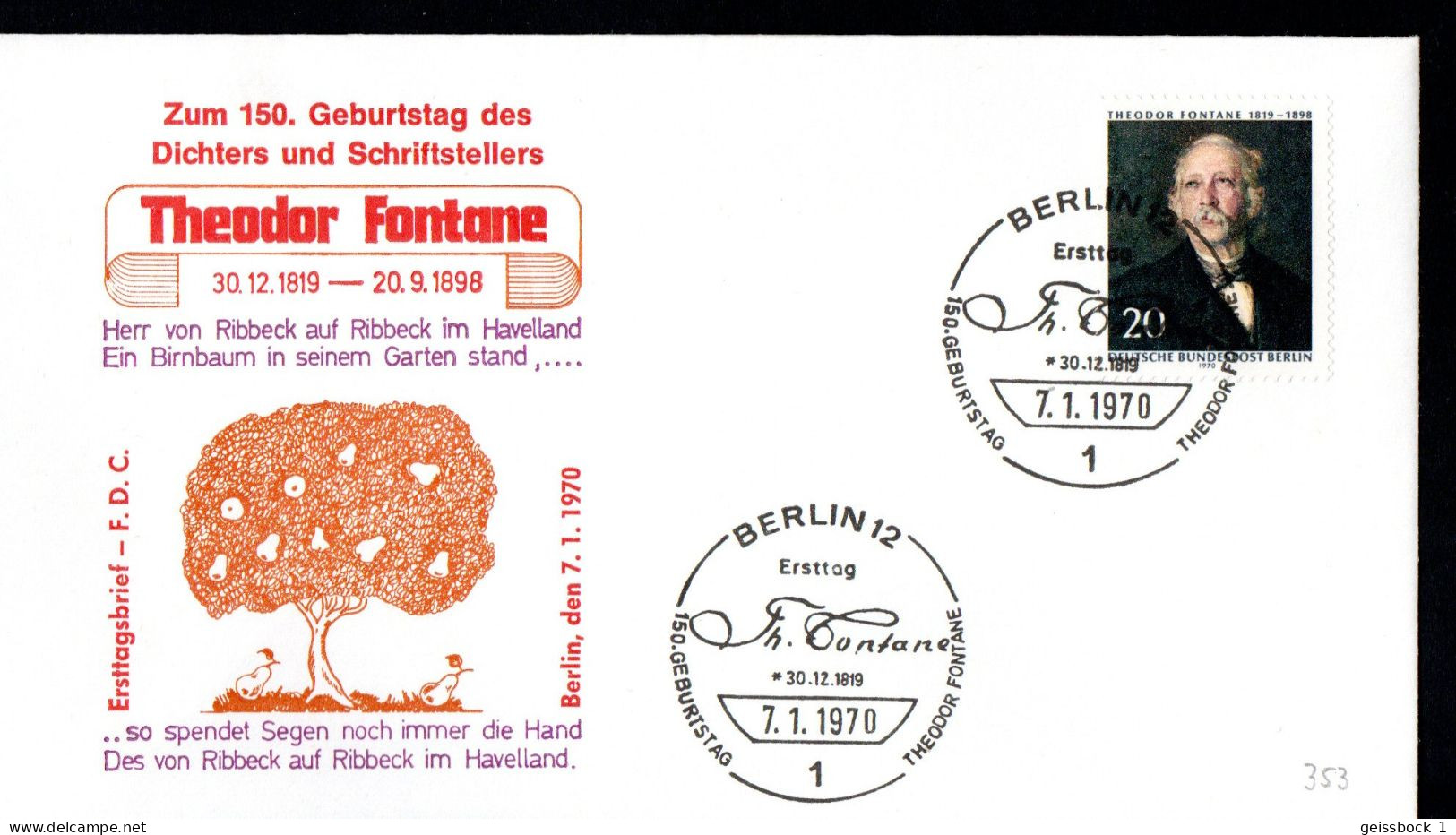 Berlin 1970: Mi.-Nr. 353:  FDC Fontane       (K002) - 1948-1970