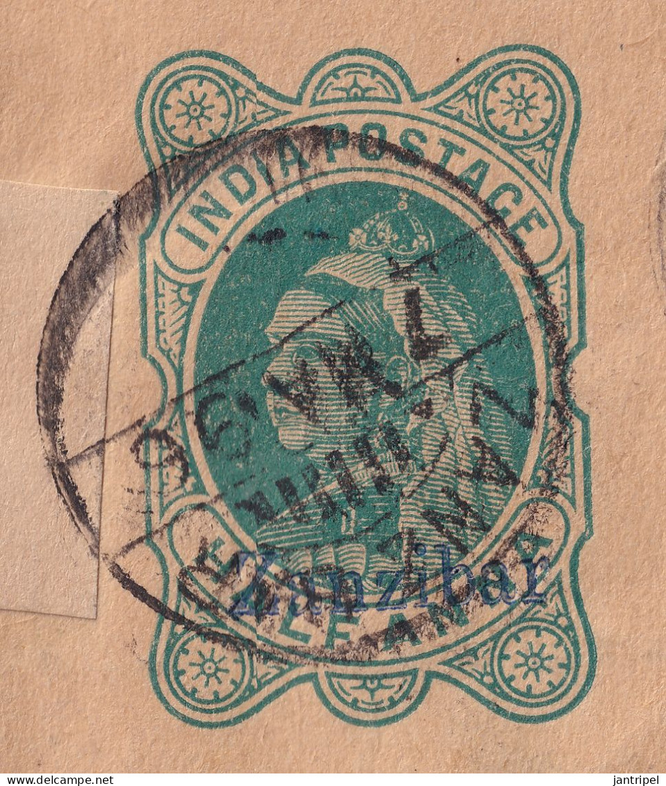 ZANZIBAR 1896 OVERPRINTED  QV  1/2A INDIA NEWSPAPERWRAPPER SEND TO DAR -ES SALAAM - Zanzibar (...-1963)