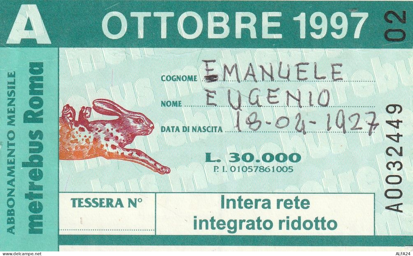 ABBONAMENTO ROMA OTTOBRE 1997  (MF2485 - Europe