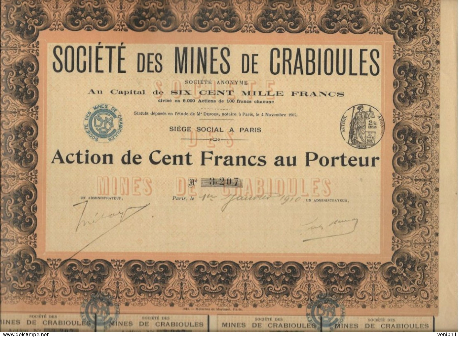 SOCIETE DES MINES DE CRABIOULES -HTE GARONNE -DIVISE EN 6000 ACTIONS DE 100 FRS -1910-(MINES DE PLOMB ET ZINC ) - Mines