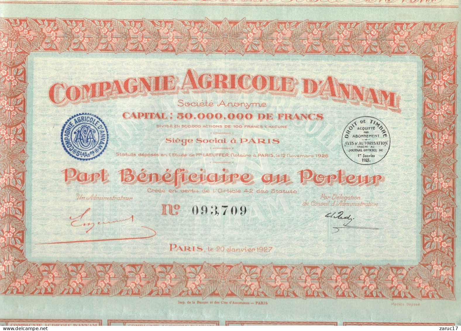 ACTION PART BENEFICIAIRE AU PORTEUR COMPAGNIE AGRICOLE D ANNAM 1927 PARIS AGRICULTURE PARIS VIET NAM TONKIN COCHINCHINE - Agriculture