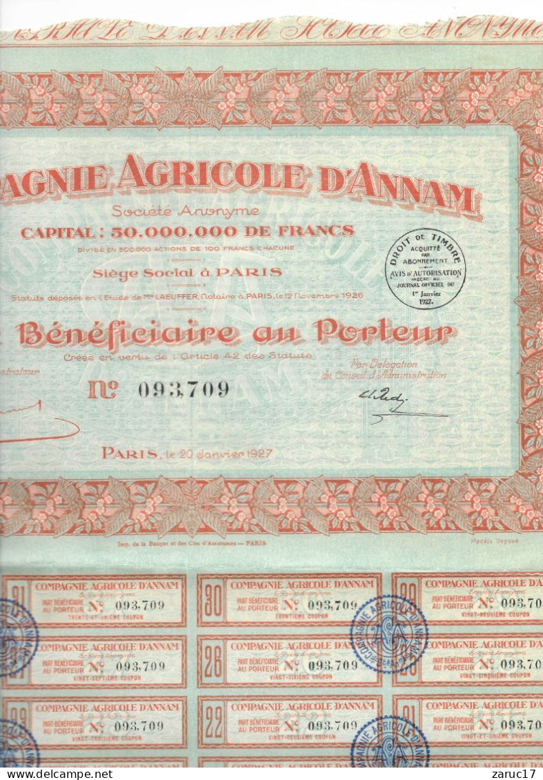 ACTION PART BENEFICIAIRE AU PORTEUR COMPAGNIE AGRICOLE D ANNAM 1927 PARIS AGRICULTURE PARIS VIET NAM TONKIN COCHINCHINE - Landwirtschaft