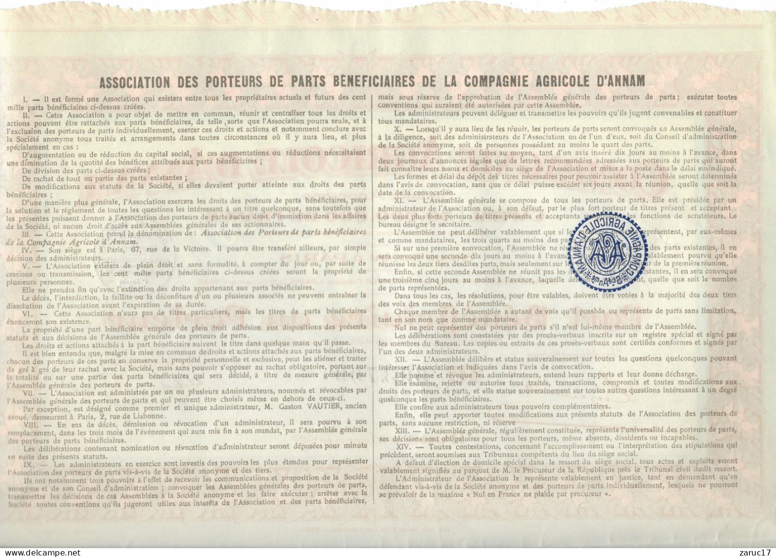 ACTION PART BENEFICIAIRE AU PORTEUR COMPAGNIE AGRICOLE D ANNAM 1927 PARIS AGRICULTURE PARIS VIET NAM TONKIN COCHINCHINE - Agricultura