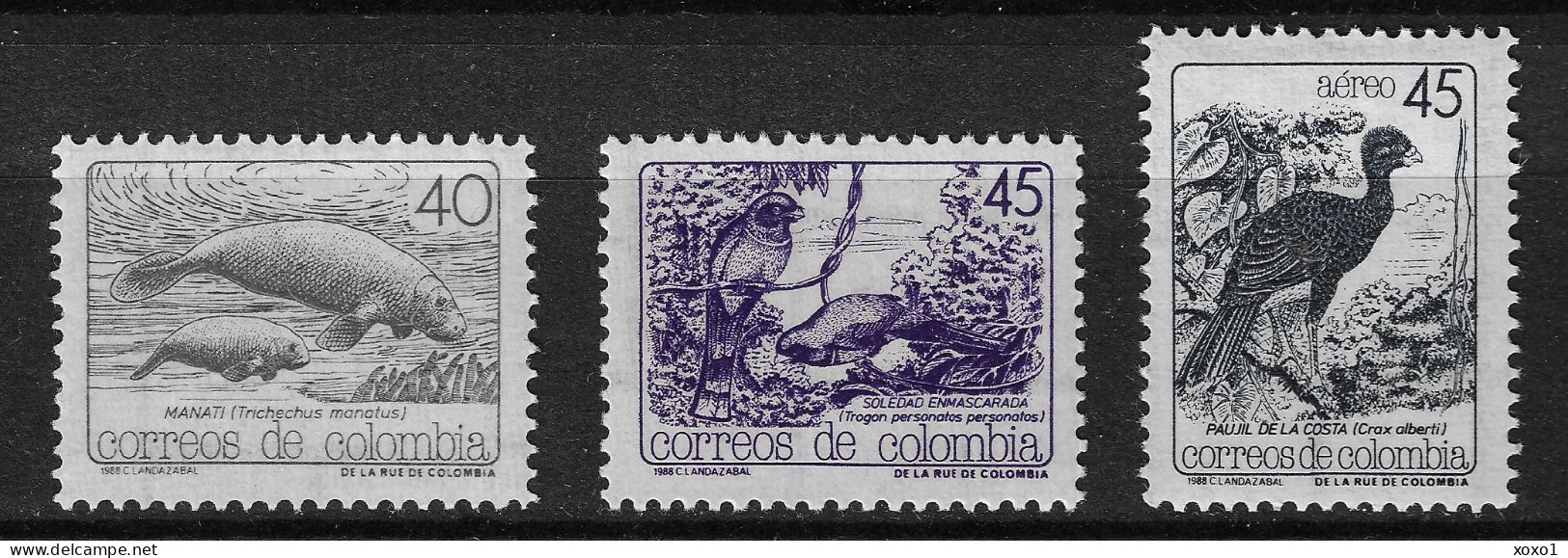 Colombia 1988 MiNr. 1741 - 1743 Kolumbien Mammals Manatee Birds Masked Trogon, Curassow 3v MNH** 3.00 € - Cranes And Other Gruiformes