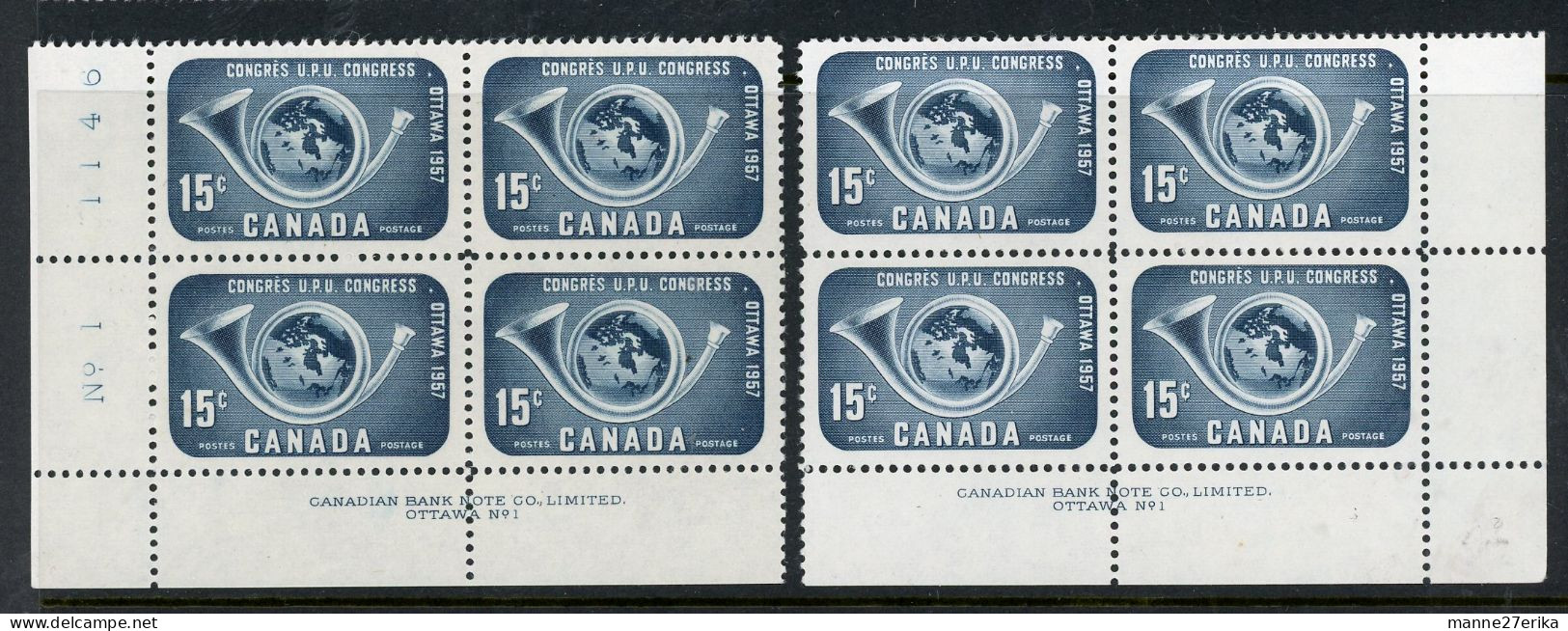 Canada 1957 MNH PB's  "Posthorn And Globe" UPU Congress - Neufs