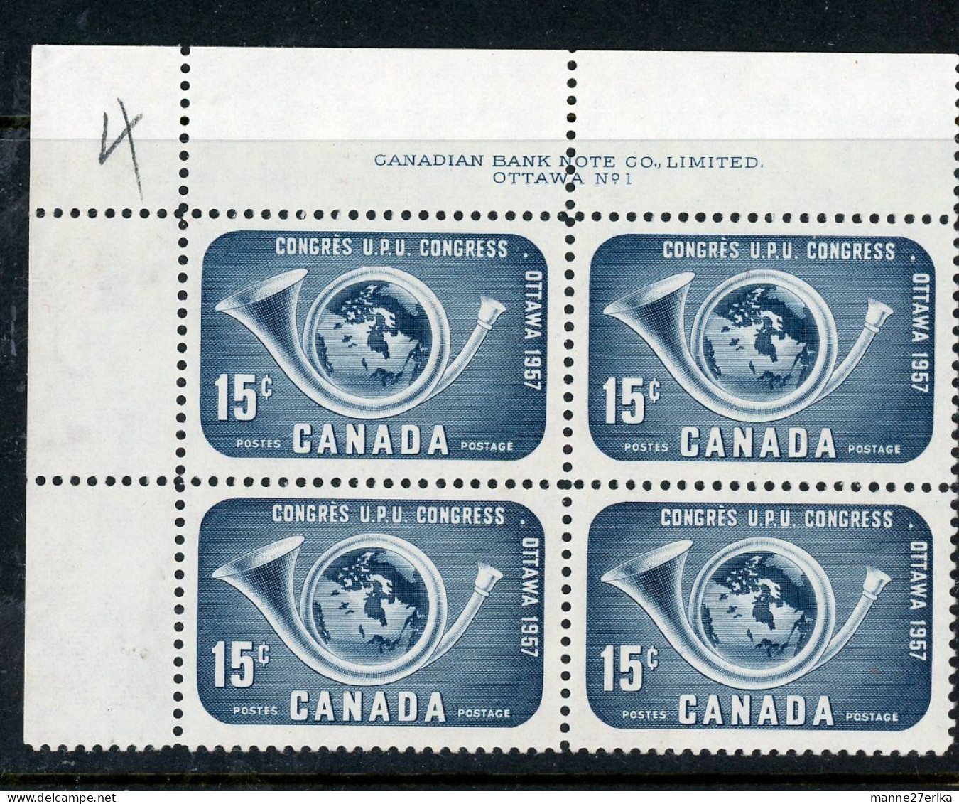 Canada 1957 MNH PB  "Posthorn And Globe" UPU Congress - Unused Stamps