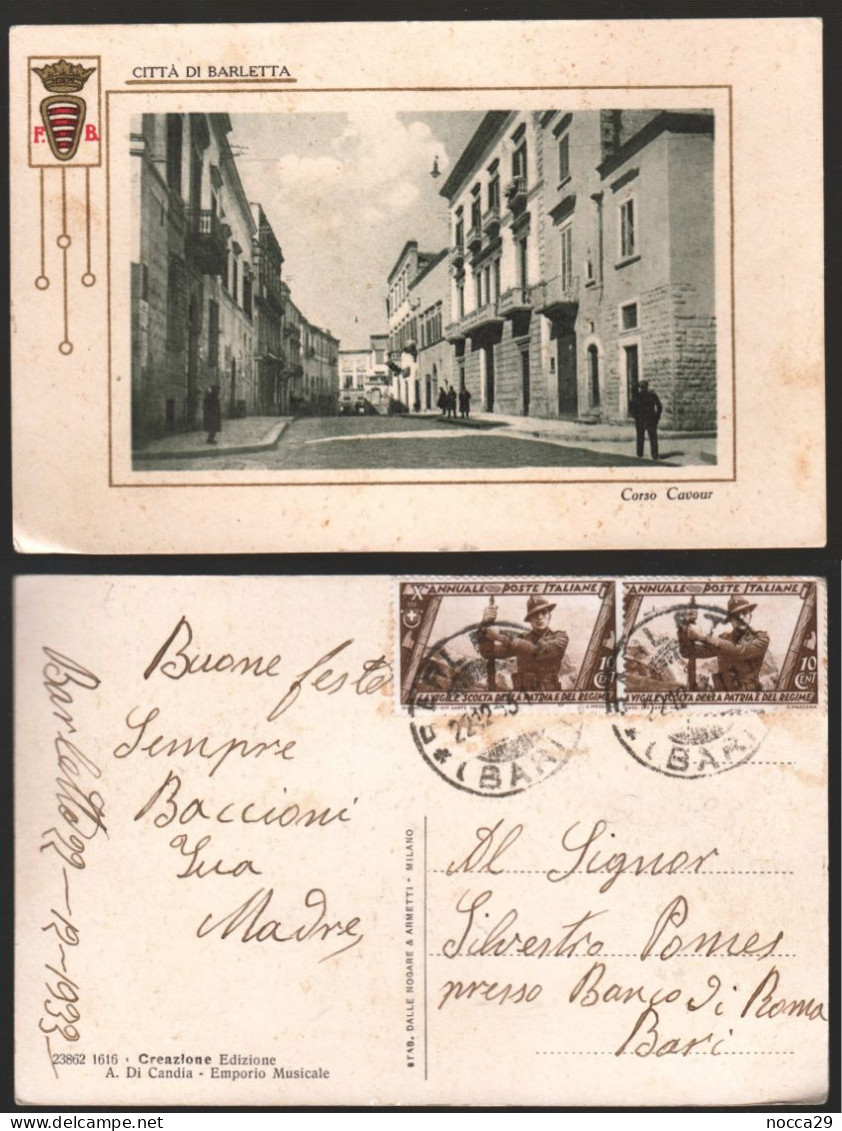 BARLETTA - 1933 - CORSO CAVOUR CON STEMMA DELLA CITTA' - BELLA AFFRANCATURA - Barletta