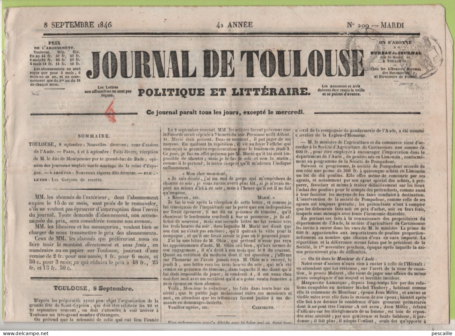 JOURNAL DE TOULOUSE 08 09 1846 - GRAND THEATRE - CARCASSONNE - MONTLAUR - ST PIERRE DE BOEUF - BADE - CIGARES TERCERAS - 1800 - 1849