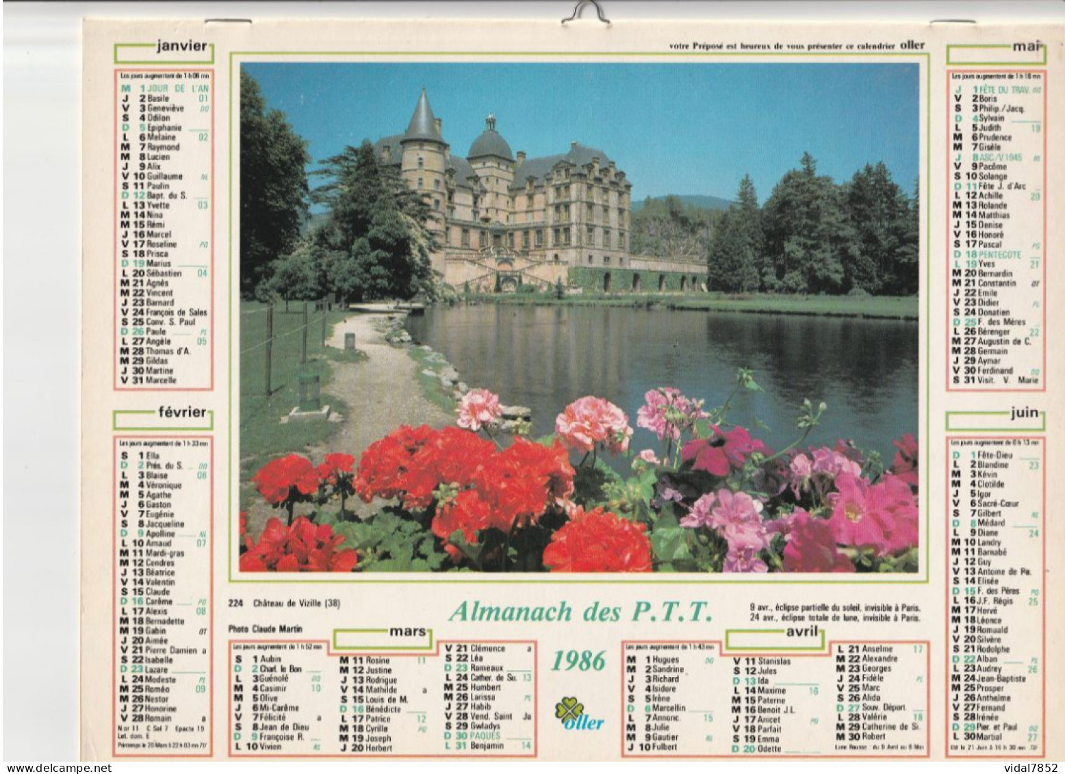 Calendrier-Almanach Des P.T.T 1986 Château De Vizille (38) Lac D'Annecy (74)-OLLER Département AIN-01-Référence 224 - Formato Grande : 1981-90