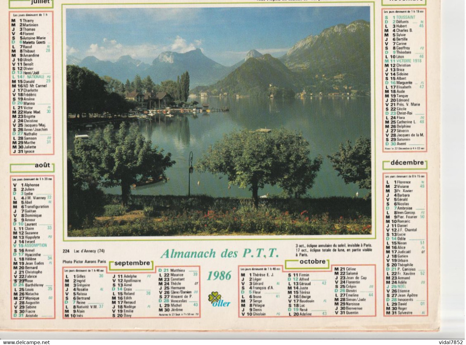 Calendrier-Almanach Des P.T.T 1986 Château De Vizille (38) Lac D'Annecy (74)-OLLER Département AIN-01-Référence 224 - Formato Grande : 1981-90