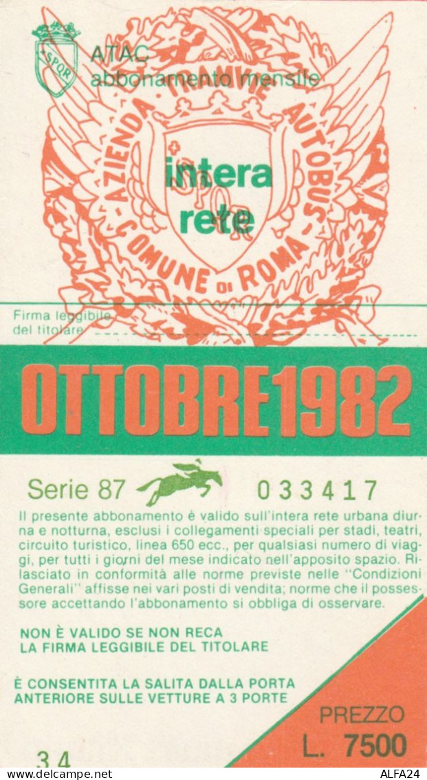 ABBONAMENTO MENSILE BUS ATAC ROMA OTTOBRE 1982 (MF435 - Europe