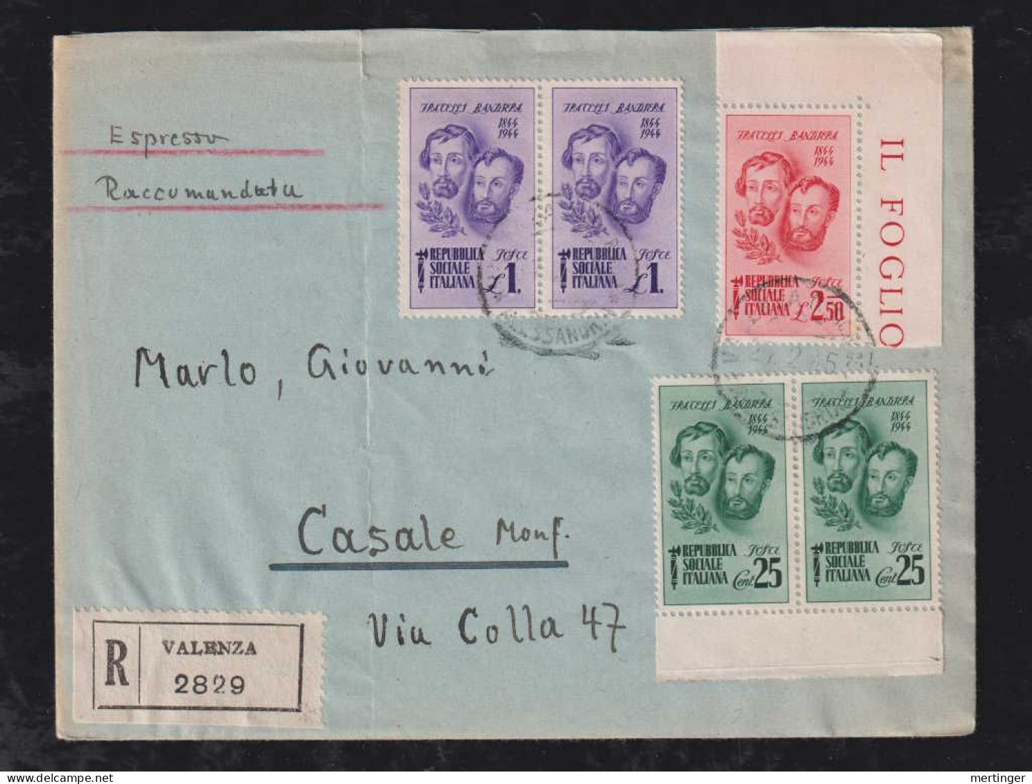 Italy 1945 Registered Cover VALENCA PO X CASALE  Fracelli - Interi Postali