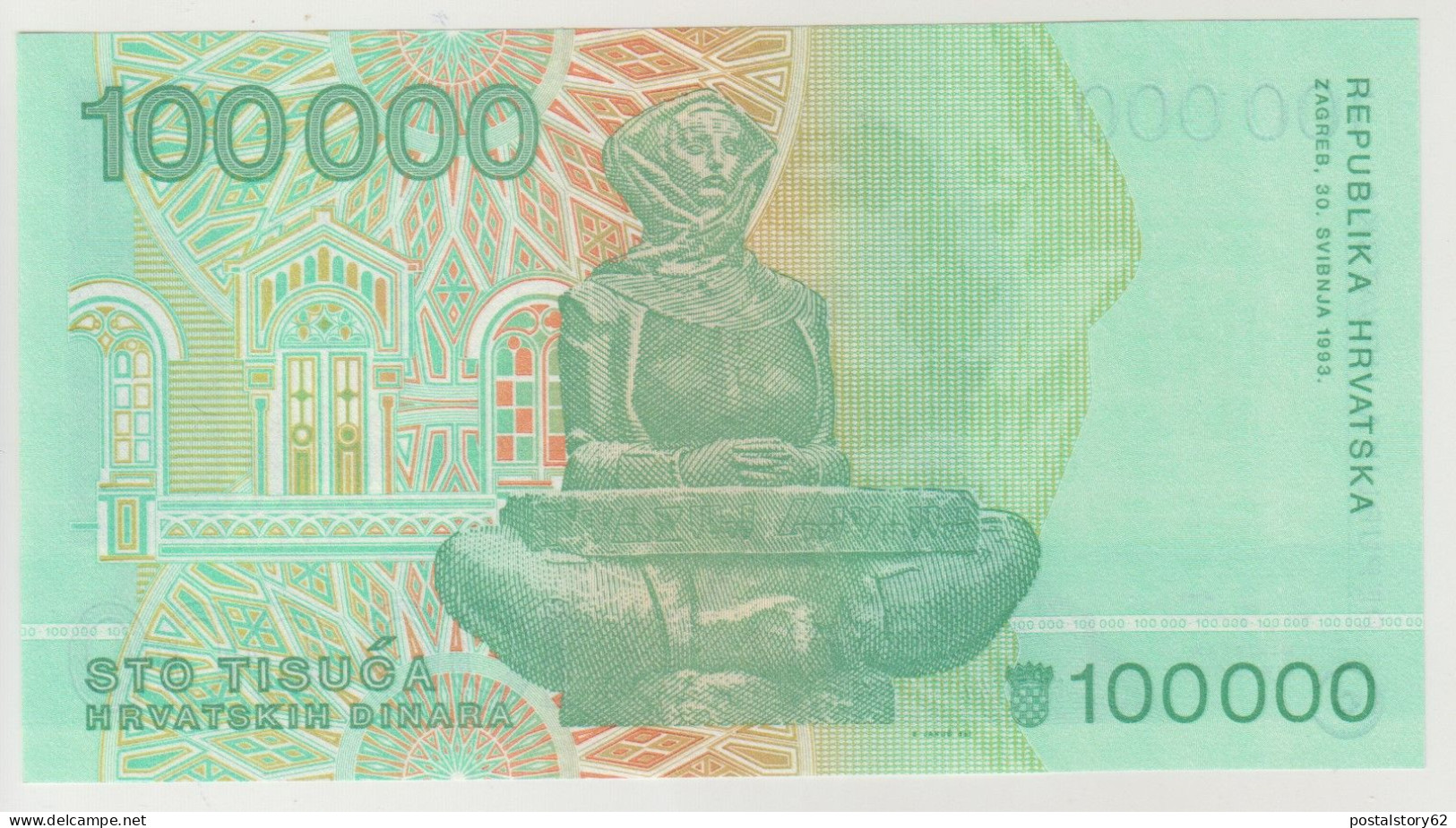 Croazia, Republika Hrvaska. Banconota 100.000 Dinara 1993 FDS/UNC - Croatie