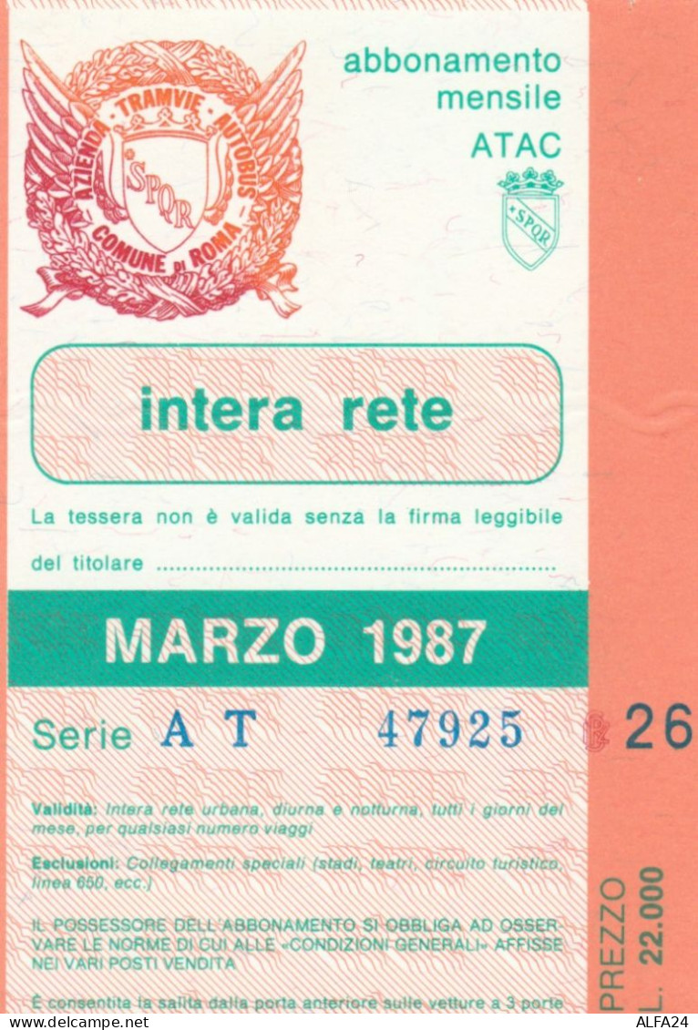 ABBONAMENTO MENSILE BUS ATAC ROMA MARZO 1987 (MF624 - Europe