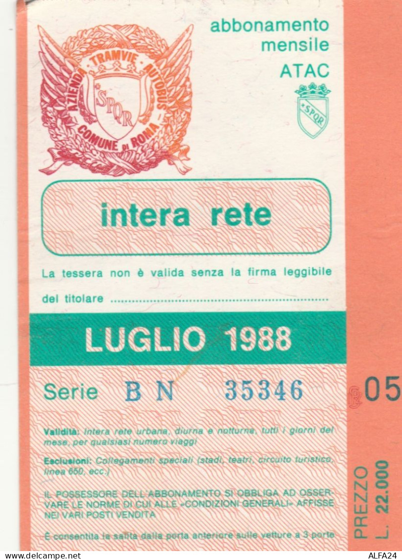 ABBONAMENTO MENSILE BUS ATAC ROMA LUGLIO 1988 (MF610 - Europe