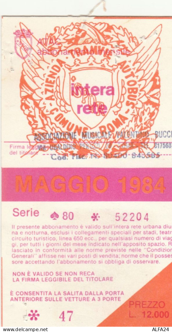 ABBONAMENTO MENSILE BUS ATAC ROMA MAGGIO 1984 (MF540 - Europe