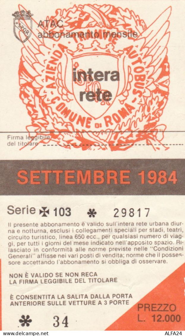 ABBONAMENTO MENSILE BUS ATAC ROMA SETTEMBRE 1984 (MF538 - Europe