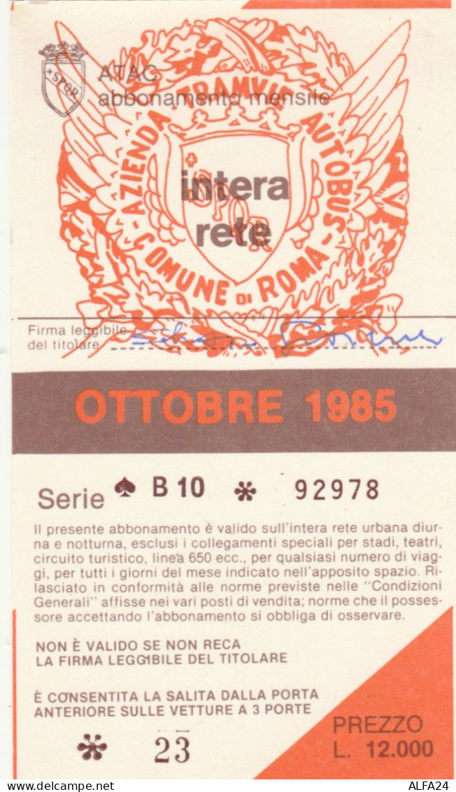 ABBONAMENTO MENSILE BUS ATAC ROMA OTTOBRE 1985 (MF527 - Europe