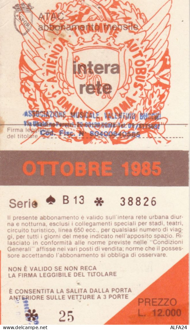 ABBONAMENTO MENSILE BUS ATAC ROMA OTTOBRE 1985 (MF529 - Europe