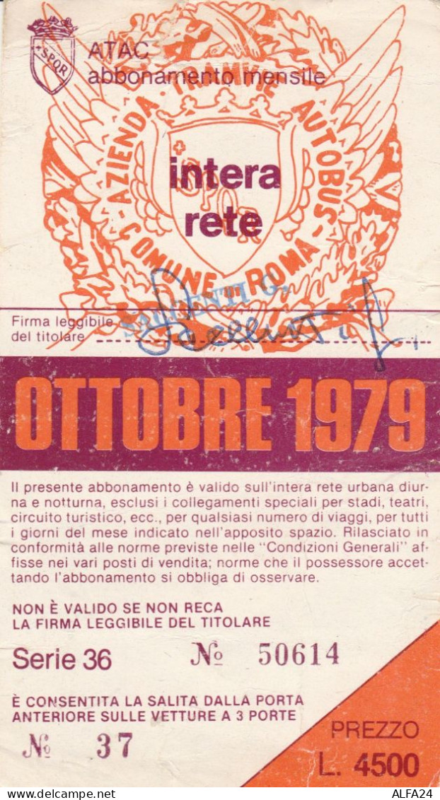 ABBONAMENTO MENSILE BUS ATAC ROMA OTTOBRE 1979 (MF517 - Europe