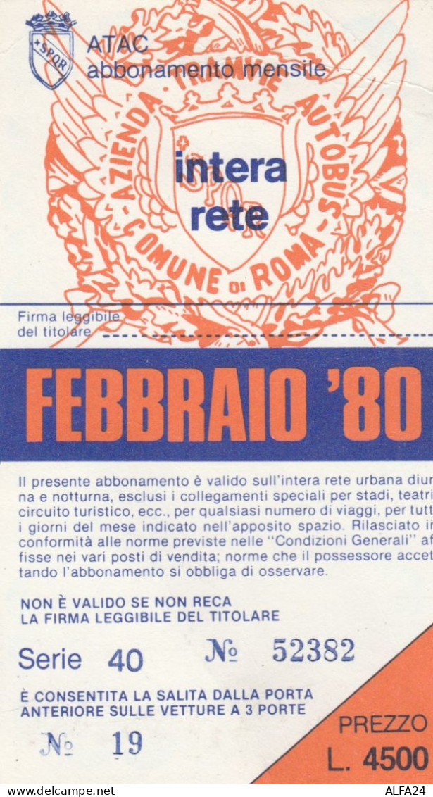 ABBONAMENTO MENSILE BUS ATAC ROMA FEBBRAIO 1980 (MF513 - Europe