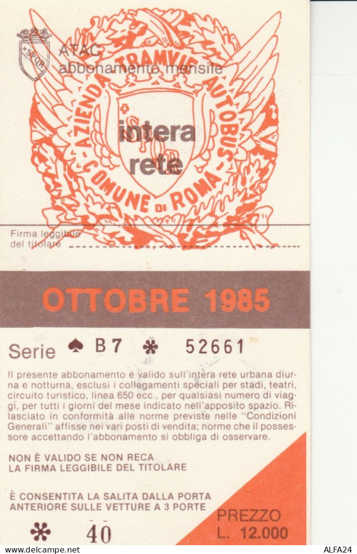 ABBONAMENTO MENSILE BUS ATAC ROMA OTTOBRE 1985 (MF502 - Europe