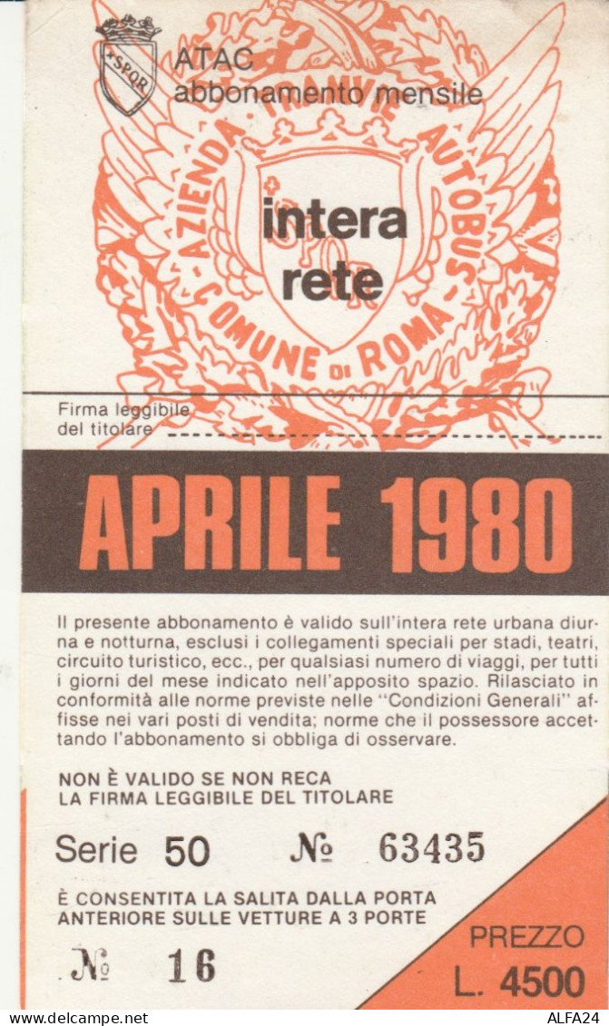 ABBONAMENTO MENSILE BUS ATAC ROMA APRILE 1980 (MF497 - Europe