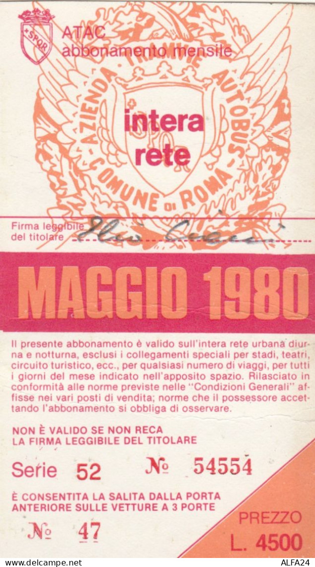 ABBONAMENTO MENSILE BUS ATAC ROMA MAGGIO 1980 (MF496 - Europe