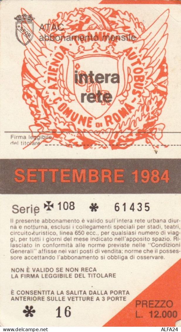ABBONAMENTO MENSILE BUS ATAC ROMA SETTEMBRE 1984 (MF490 - Europe