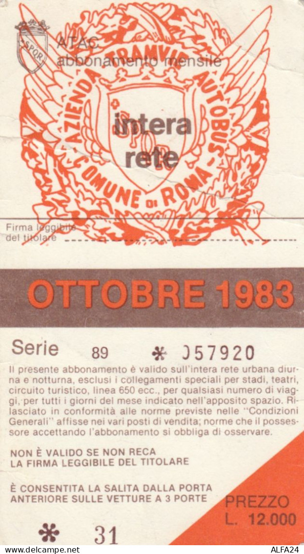 ABBONAMENTO MENSILE BUS ATAC ROMA OTTOBRE 1983 (MF487 - Europe