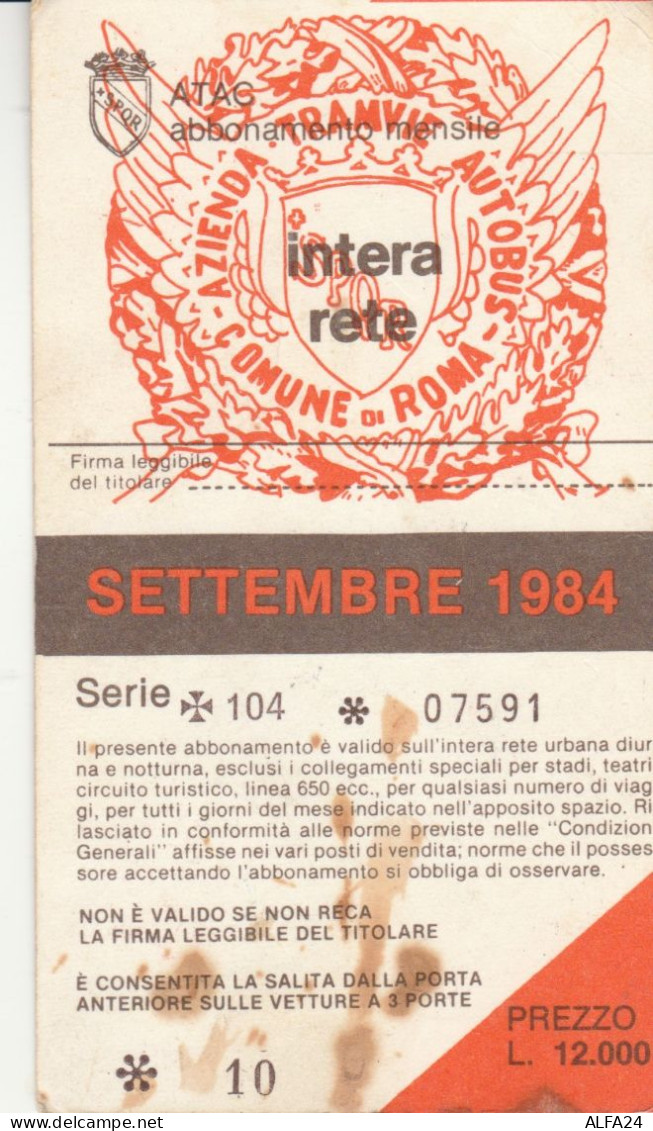 ABBONAMENTO MENSILE BUS ATAC ROMA SETTEMBRE 1984 (MF474 - Europe