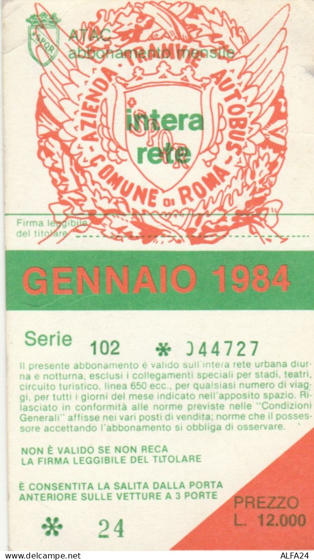 ABBONAMENTO MENSILE BUS ATAC ROMA GENNAIO 1984 (MF480 - Europe