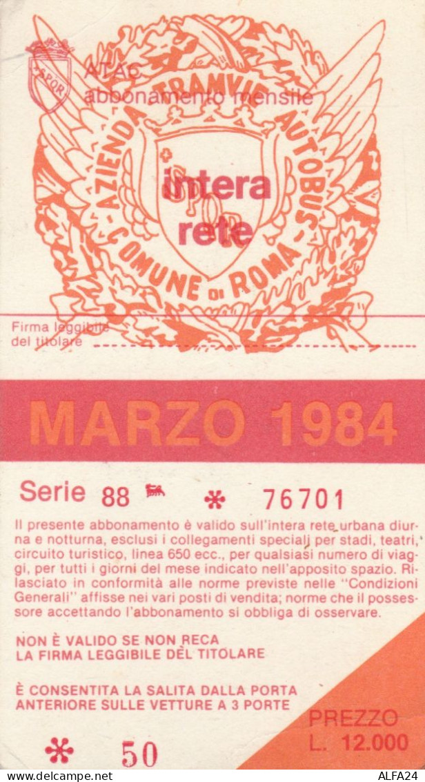 ABBONAMENTO MENSILE BUS ATAC ROMA MARZO 1984 (MF478 - Europe