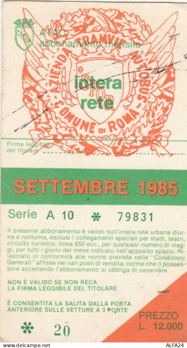 ABBONAMENTO MENSILE BUS ATAC ROMA SETTEMBRE 1985 (MF472 - Europe