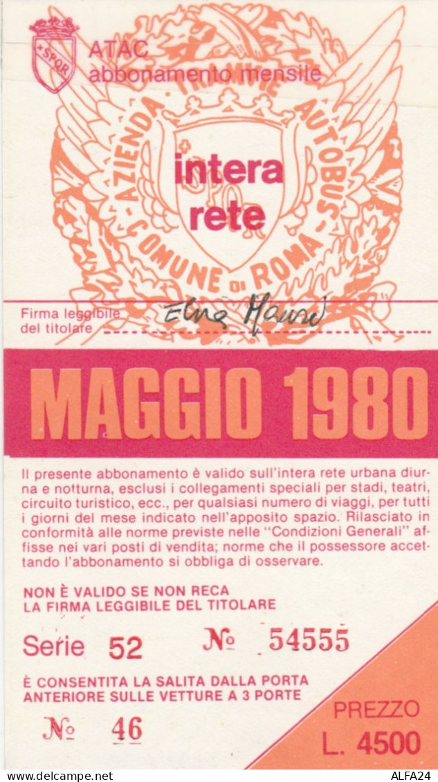 ABBONAMENTO MENSILE BUS ATAC ROMA MAGGIO 1980 (MF464 - Europe