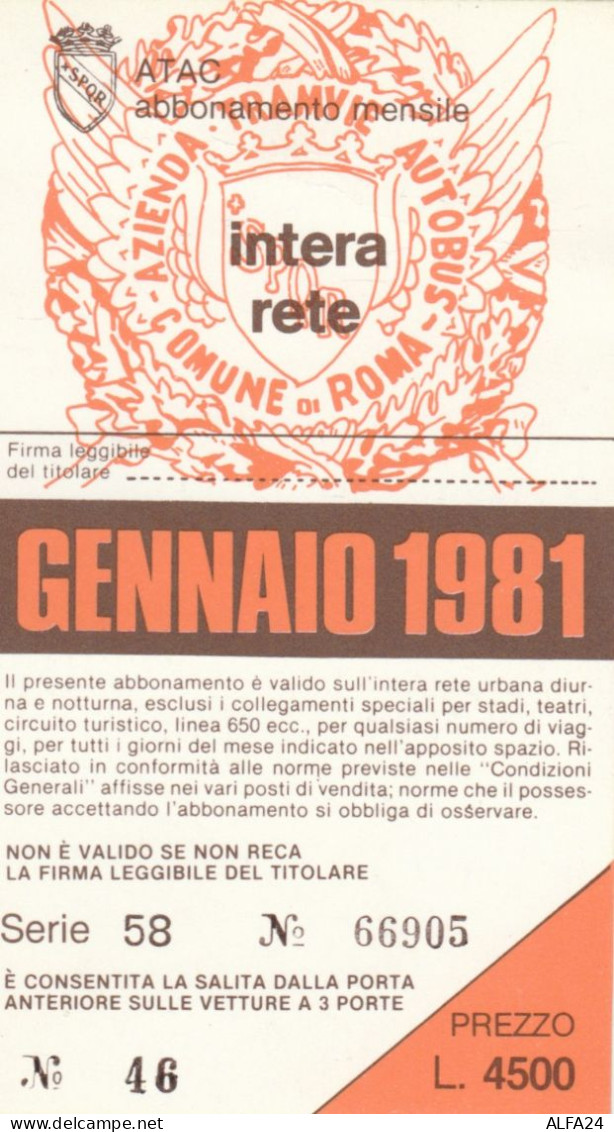 ABBONAMENTO MENSILE BUS ATAC ROMA GENNAIO 1981 (MF460 - Europe