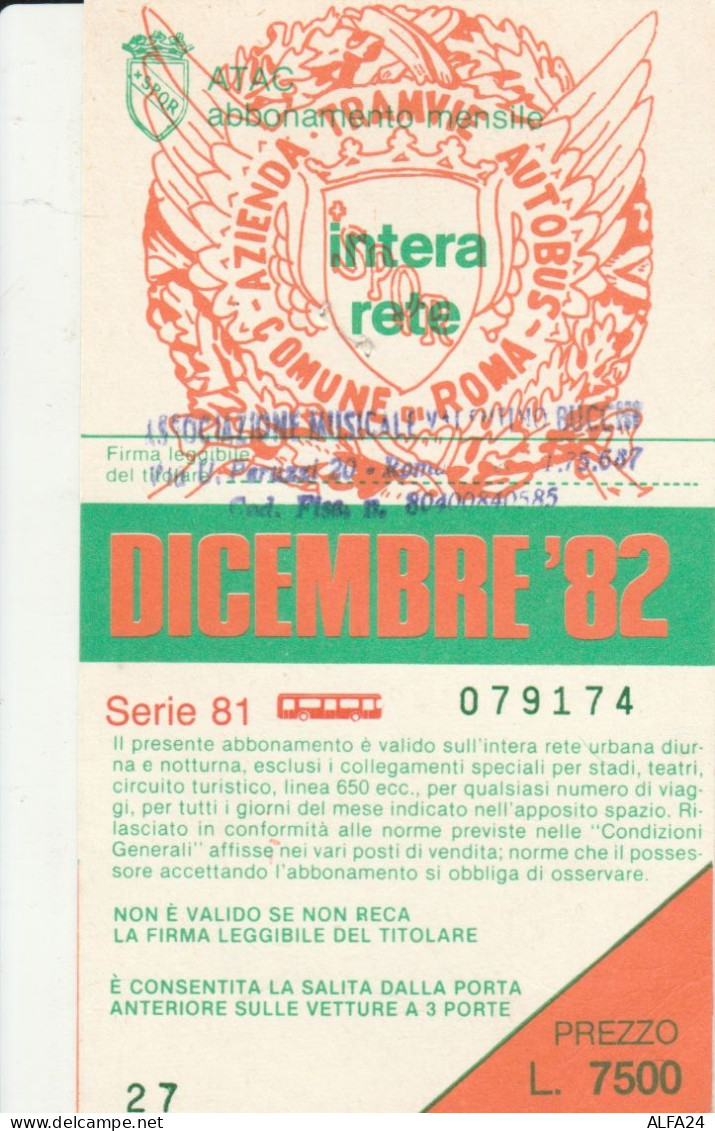 ABBONAMENTO MENSILE BUS ATAC ROMA DICEMBRE 1982 (MF449 - Europe