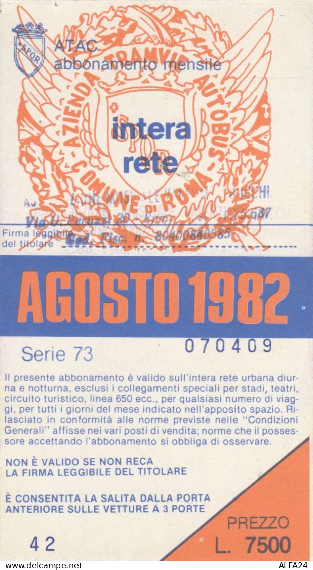 ABBONAMENTO MENSILE BUS ATAC ROMA AGOSTO 1982 (MF454 - Europe